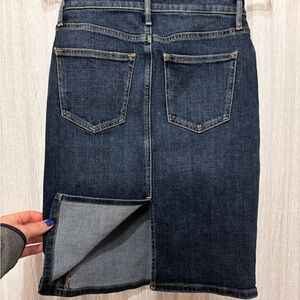 Vintage Midi Dark Wash High Rise Buttons Fly Slit Denim Skirt Pockets Chic